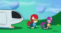 Size: 1000x537 | Tagged: safe, artist:empyu, character:lily longsocks, character:twist, species:earth pony, species:pony, 30 minute art challenge, clothing, cosplay, costume, crossover, data, duo, geordi laforge, spaceship, star trek, type 8 shuttle