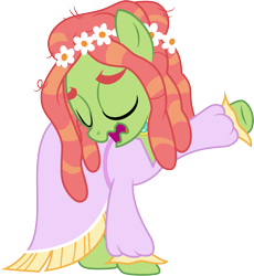 Size: 3169x3449 | Tagged: safe, artist:cloudyglow, character:tree hugger, species:earth pony, species:pony, episode:make new friends but keep discord, g4, my little pony: friendship is magic, .ai available, clothing, dress, eyes closed, female, gala dress, hippie horse noises, horse noises, mare, meme, open mouth, raised hoof, simple background, solo, transparent background, vector, wavy mouth