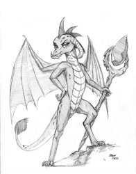 Size: 1000x1278 | Tagged: safe, artist:baron engel, character:princess ember, species:dragon, episode:gauntlet of fire, g4, my little pony: friendship is magic, bloodstone scepter, dragon lord ember, female, grayscale, looking at you, monochrome, pencil drawing, simple background, smiling, smirk, solo, spread wings, traditional art, white background, wings