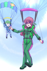 Size: 1280x1913 | Tagged: safe, artist:jonfawkes, oc, oc only, oc:software patch, oc:windcatcher, species:human, clothing, commission, falling, flying, goggles, humanized, humanized oc, jumpsuit, parachute, skydiving, windpatch, wing ears