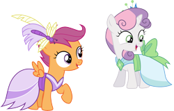Size: 7919x5058 | Tagged: safe, artist:cloudyglow, character:scootaloo, character:sweetie belle, species:pegasus, species:pony, episode:make new friends but keep discord, g4, my little pony: friendship is magic, absurd resolution, clothing, dress, gala dress, open mouth, simple background, transparent background, vector