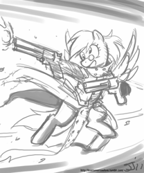 Size: 667x800 | Tagged: safe, artist:johnjoseco, character:derpy hooves, species:pony, bipedal, clothing, crossover, dual wield, female, grayscale, gun, monochrome, solo, trigun, vash the stampede, weapon
