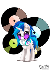 Size: 1447x2047 | Tagged: safe, artist:mysticalpha, character:dj pon-3, character:vinyl scratch, species:pony, species:unicorn, cutie mark, female, hooves, horn, mare, record, signature, solo, sunglasses