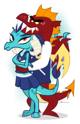 Size: 660x1020 | Tagged: safe, artist:dm29, character:garble, character:princess ember, species:dragon, ship:emble, awkward, cheerleader, cheerleader outfit, cheerleading, crossed arms, dragoness, dragons wearing clothes, dragons wearing human clothes, dragons wearing school uniforms, female, letterman jacket, male, shipping, simple background, straight, transparent background