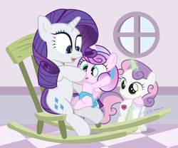 Size: 1050x875 | Tagged: safe, artist:dm29, character:princess flurry heart, character:rarity, character:sweetie belle, baby bottle, boop, commission, cute, cutie mark, diaper, diasweetes, flurrybetes, foalsitting, julian yeo is trying to murder us, laughing, levitation, magic, pink diaper, raribetes, rocking chair, telekinesis, the cmc's cutie marks, trio