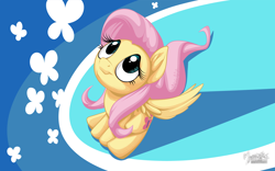 Size: 2560x1600 | Tagged: safe, artist:mysticalpha, character:fluttershy, female, looking up, sitting, smiling, solo