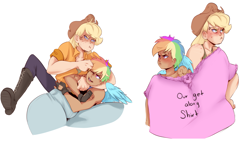 Size: 2415x1387 | Tagged: safe, artist:sundown, character:applejack, character:rainbow dash, species:human, applebucking thighs, get along shirt, humanized, noogie, winged humanization