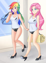 Size: 1280x1751 | Tagged: safe, artist:jonfawkes, character:fluttershy, character:rainbow dash, species:human, bag, breasts, clothing, commission, duo, female, high heels, humanized, open mouth, patreon, sports panties, tank top, tap dancing, walking