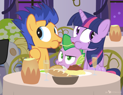 Size: 900x690 | Tagged: safe, artist:dm29, character:flash sentry, character:spike, character:twilight sparkle, character:twilight sparkle (alicorn), species:alicorn, species:pony, ship:flashlight, commission, female, food, lady and the tramp, male, mare, pasta, restaurant, shipping, spaghetti, spaghetti scene, straight, third wheel, trio
