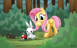 Size: 1920x1200 | Tagged: safe, artist:mysticalpha, character:angel bunny, character:fluttershy, crossover, forest, pokéball, pokémon, wallpaper