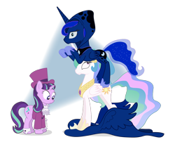Size: 1170x945 | Tagged: safe, artist:dm29, character:princess celestia, character:princess luna, character:snowfall frost, character:starlight glimmer, species:alicorn, species:pony, species:unicorn, episode:a hearth's warming tail, g4, my little pony: friendship is magic, cloak, clothing, female, mare, ponies riding ponies, simple background, spirit of hearth's warming yet to come, tower of pony, transparent background, trio, wardrobe malfunction