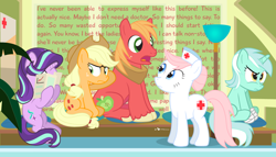 Size: 1100x630 | Tagged: safe, artist:dm29, character:applejack, character:big mcintosh, character:lyra heartstrings, character:nurse redheart, character:starlight glimmer, species:earth pony, species:pony, species:unicorn, episode:no second prances, g4, my little pony: friendship is magic, big mac's big mouth, dialogue, exploitable meme, female, hospital, male, mare, meme, stallion, text, three quarter view