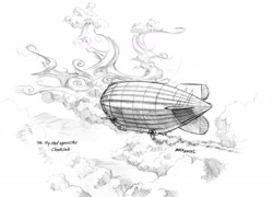 Size: 1400x1009 | Tagged: safe, artist:baron engel, airship, cloudsdale, grayscale, monochrome, no pony, pencil drawing, scenery, scenery porn, sky shad, story in the source, traditional art