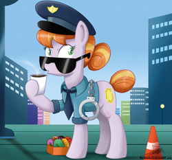Size: 1871x1742 | Tagged: safe, artist:the-butch-x, character:copper top, species:pony, episode:the gift of the maud pie, g4, my little pony: friendship is magic, beverage, blowing, box, city, clothing, coffee, cuffs, cup, donut, female, food, hot, mare, necktie, police officer, police uniform, signature, solo, sunglasses