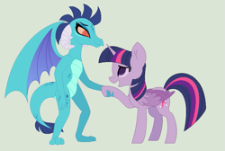 Size: 879x589 | Tagged: safe, artist:selenaede, artist:simplybritish, character:princess ember, character:twilight sparkle, character:twilight sparkle (alicorn), species:alicorn, species:dragon, species:pony, ship:emberlight, female, holding hands, holding hooves, mare, shipping, smiling