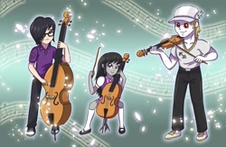 Size: 1024x669 | Tagged: safe, artist:sumin6301, character:bulk biceps, character:octavia melody, oc, oc:sumin, my little pony:equestria girls, bow (instrument), bow tie, cello, cello bow, clothing, double bass, glasses, hat, musical instrument, pants, playing, shoes, smiling, socks, violin, violin bow