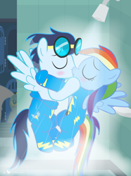 Size: 780x1050 | Tagged: safe, artist:dm29, character:fleetfoot, character:rainbow dash, character:soarin', species:pony, ship:soarindash, backwards cutie mark, blushing, clothing, female, kissing, making out, male, shipping, shower, straight, wet, wonderbolts uniform