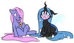 Size: 1102x640 | Tagged: safe, artist:egophiliac, oc, oc only, oc:nepenthe, species:changeling, species:earth pony, species:pony, blue changeling, bubblegum, changeling queen, changeling queen oc, colt, cross-eyed, cute, cuteling, fangs, female, filly, foal, food, gum, juice, juice box, laughing, male, nymph