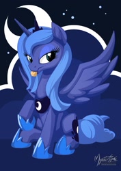 Size: 1464x2070 | Tagged: safe, artist:mysticalpha, character:princess luna, species:alicorn, species:pony, bedroom eyes, blep, female, mare, moon, night, raised hoof, s1 luna, sitting, smiling, solo, spread wings, tongue out, wings