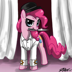 Size: 900x900 | Tagged: safe, artist:johnjoseco, character:pinkie pie, species:earth pony, species:pony, g4, a clockwork orange, clothing, coat, crossover, curtains, female, hat, knife, looking at you, mare, mouth hold, photoshop, solo, stage, stand