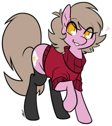 Size: 693x777 | Tagged: safe, artist:egophiliac, oc, oc only, oc:reppy, species:earth pony, species:pony, clothing, colored pupils, cute, eye clipping through hair, female, grin, heart, looking at you, mare, raised hoof, signature, simple background, smiling, solo, stockings, sweater, transparent background, turtleneck
