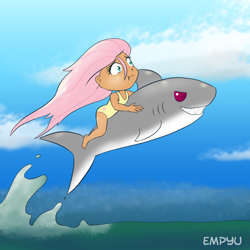Size: 1000x1000 | Tagged: safe, artist:empyu, character:fluttershy, species:human, 30 minute art challenge, clothing, female, humanized, humans riding sharks, one-piece swimsuit, red eyes, riding, shark, solo, swimsuit