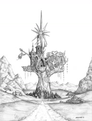 Size: 1100x1445 | Tagged: safe, artist:baron engel, castle, grayscale, monochrome, no pony, pencil drawing, scenery, scenery porn, traditional art, twilight's castle