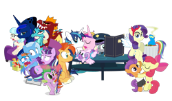 Size: 1100x647 | Tagged: safe, artist:dm29, character:apple bloom, character:boulder, character:coco pommel, character:garble, character:maud pie, character:princess cadance, character:princess ember, character:princess flurry heart, character:princess luna, character:rainbow dash, character:rarity, character:shining armor, character:snowfall frost, character:spike, character:starlight glimmer, character:sunburst, character:tender taps, character:trixie, species:dragon, species:pony, species:unicorn, ship:emble, ship:tenderbloom, episode:a hearth's warming tail, episode:gauntlet of fire, episode:newbie dash, episode:no second prances, episode:on your marks, episode:the crystalling, episode:the gift of the maud pie, episode:the saddle row review, g4, my little pony: friendship is magic, angel rarity, backwards cutie mark, beach chair, clothing, cold, couch, crossing the memes, cutie mark, dancing, devil rarity, female, filly, garble's hugs, hat, hearth's warming, male, mare, meme, menu, now you're thinking with portals, portal, present, rainbow trash, shipping, simple background, spirit of hearth's warming yet to come, straight, the cmc's cutie marks, the meme continues, the story so far of season 6, this isn't even my final form, top hat, transparent background, trash can, wonderbolts uniform