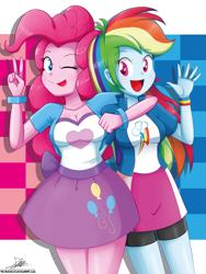 Size: 2047x2729 | Tagged: safe, artist:the-butch-x, character:pinkie pie, character:rainbow dash, my little pony:equestria girls, bracelet, breasts, busty pinkie pie, busty rainbow dash, cleavage, clothing, compression shorts, cute, diapinkes, female, jacket, lesbian, open mouth, peace sign, red string of destiny, shorts, skirt, tongue out, waving, wink