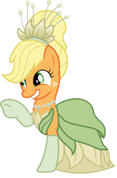 Size: 1736x2640 | Tagged: safe, artist:cloudyglow, character:applejack, species:earth pony, species:pony, clothes swap, clothing, cosplay, costume, disney, disney princess, female, freckles, mare, princess tiana, raised hoof, simple background, solo, the princess and the frog, transparent background, vector