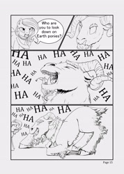 Size: 3552x4976 | Tagged: safe, artist:silfoe, character:grogar, character:princess celestia, species:ram, comic:ascension, cloven hooves, comic, earth pony celestia, grayscale, grimdark series, grotesque series, laughing, male, monochrome, unamused, younger