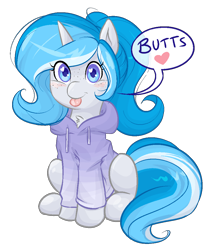 Size: 898x1068 | Tagged: safe, artist:askbubblelee, oc, oc only, oc:bubble lee, oc:imago, species:pony, species:unicorn, alternate hairstyle, blep, blushing, butts, clothing, cute, female, freckles, heart, heart eyes, hoodie, looking at you, mare, simple background, sitting, smiling, solo, sweater, tongue out, transparent background, wingding eyes
