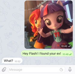 Size: 540x533 | Tagged: safe, artist:dm29, character:sunset shimmer, character:twilight sparkle, my little pony:equestria girls, clothing, doll, duo, equestria girls minis, eqventures of the minis, implied flash sentry, skirt, texting, toy