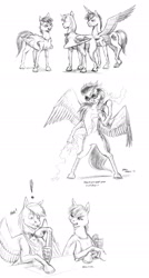 Size: 1100x2052 | Tagged: safe, artist:baron engel, character:rainbow dash, oc, oc:sky brush, oc:squall line, oc:trade winds, cook, food, lightning, monochrome, necklace, parent, parfait, pencil drawing, story in the source, traditional art