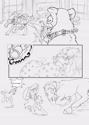 Size: 3544x5016 | Tagged: safe, artist:silfoe, character:grogar, character:star swirl the bearded, oc, oc:golden vellum, species:ram, comic:ascension, cloven hooves, comic, glowing horn, grayscale, grimdark series, grotesque series, magic, male, monochrome