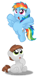 Size: 635x1258 | Tagged: safe, artist:aleximusprime, character:rainbow dash, oc, oc:dreamer, species:pony, alternate hairstyle, awe, colt, cute, dashabetes, filly, filly rainbow dash, male, ocbetes, rainmer, simple background, transparent background, underhoof, younger