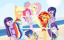 Size: 1440x900 | Tagged: safe, artist:dm29, character:applejack, character:flash sentry, character:fluttershy, character:pinkie pie, character:rainbow dash, character:rarity, character:spike, character:sunset shimmer, character:twilight sparkle, character:twilight sparkle (alicorn), character:twilight sparkle (scitwi), species:dog, species:eqg human, equestria girls:friendship games, equestria girls:rainbow rocks, g4, my little pony: equestria girls, my little pony:equestria girls, beach, beach volleyball, belly button, bikini, circling stars, cleavage, clothing, dazed, down under summer, female, flash sentry gets all the mares, harem, hilarious in hindsight, midriff, one-piece swimsuit, sandals, self paradox, shorts, spike the dog, swimsuit, twolight