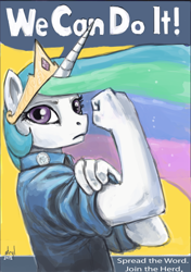 Size: 702x1000 | Tagged: safe, artist:atryl, character:princess celestia, species:anthro, female, join the herd, poster, propaganda, rosie the riveter, solo, world war ii