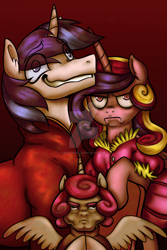 Size: 900x1350 | Tagged: safe, artist:glacierclear, character:princess cadance, character:princess flurry heart, character:shining armor, eye clipping through hair, faec, family photo, frown, princess bitchdance, princess cromartie heart, print, royal family, shining armor is a goddamn moron, watermark