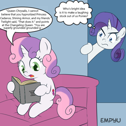 Size: 600x600 | Tagged: source needed, safe, artist:empyu, edit, character:rarity, character:sweetie belle, species:pony, species:unicorn, book, cutie mark, dialogue, exploitable meme, goanimate, implied chrysalis, implied princess cadance, implied shining armor, implied twilight sparkle, meme, reading, speech bubble, storybook, sweetie belle's book, template, the cmc's cutie marks, troll, trollight sparkle, trolling, you are grounded grounded grounded