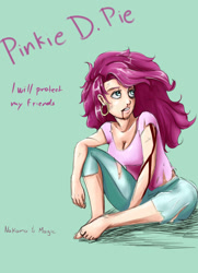 Size: 1280x1766 | Tagged: safe, artist:sundown, character:pinkamena diane pie, character:pinkie pie, barefoot, black eye, blood, breasts, bruised, clothing, earring, feet, female, humanized, one piece, reference, simple background, sitting, solo, torn clothes