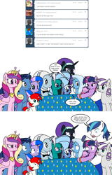Size: 1053x1646 | Tagged: safe, artist:dekomaru, character:night light, character:princess cadance, character:shining armor, character:trixie, character:twilight sparkle, character:twilight velvet, oc, oc:aurora, oc:hazel lulamoon, oc:iniduoh, oc:mars, oc:midnight, oc:nebula, oc:nyx, parent:trixie, parent:twilight sparkle, parents:twixie, species:alicorn, species:pony, ship:twixie, tumblr:ask twixie, cadance is not amused, derp, female, lesbian, magical lesbian spawn, offspring, parent, shining armor is a goddamn moron, shipping, thank you captain obvious, tumblr