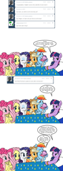 Size: 800x2156 | Tagged: safe, artist:dekomaru, character:applejack, character:fluttershy, character:pinkie pie, character:rainbow dash, character:rarity, character:twilight sparkle, oc, oc:aurora, parent:trixie, parent:twilight sparkle, parents:twixie, species:pony, tumblr:ask twixie, baby, baby pony, comic, magical lesbian spawn, mane six, newborn, offspring, simple background, tumblr, white background