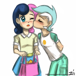 Size: 804x802 | Tagged: safe, artist:johnjoseco, character:bon bon, character:lyra heartstrings, character:sweetie drops, species:human, ship:lyrabon, blushing, female, humanized, kiss on the cheek, kissing, lesbian, one eye closed, shipping, simple background, white background, young, younger