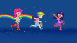 Size: 1920x1080 | Tagged: safe, artist:empyu, character:pinkie pie, character:rainbow dash, character:twilight sparkle, clothing, humanized, kids, nyan cat, nyan dash, parody, rainbow, rainbow paint, shoes, shorts, skirt, tank top, younger