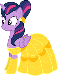 Size: 1479x1911 | Tagged: safe, artist:cloudyglow, character:twilight sparkle, character:twilight sparkle (alicorn), species:alicorn, species:pony, alternate hairstyle, beauty and the beast, belle, clothes swap, clothing, cosplay, costume, disney, dress, female, folded wings, implied straight, mare, simple background, solo, transparent background, vector