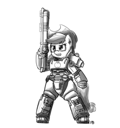 Size: 1280x1363 | Tagged: safe, artist:pabbley, character:applejack, species:pony, armor, bipedal, fallout, fallout 4, female, gun, monochrome, powered exoskeleton, semi-anthro, solo, weapon