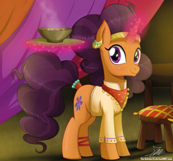 Size: 1871x1742 | Tagged: safe, artist:the-butch-x, character:saffron masala, species:pony, species:unicorn, episode:spice up your life, g4, my little pony: friendship is magic, bandana, chef, clothing, cute, female, food, indian, looking at you, magic, mare, signature, smiling, solo, soup, steam, tray
