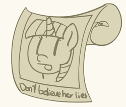 Size: 1280x1085 | Tagged: safe, artist:pabbley, character:twilight sparkle, species:pony, blep, don't believe her lies, drawing, exploitable meme, female, lies, mare, meme, memento, monochrome, scroll, simple background, sketch, solo, tongue out, white background
