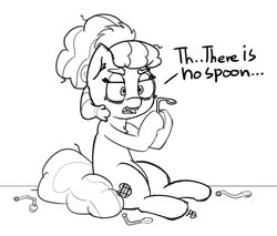 Size: 1280x1089 | Tagged: safe, artist:pabbley, character:plaid stripes, episode:the saddle row review, g4, my little pony: friendship is magic, 30 minute art challenge, dialogue, female, hoof hold, monochrome, movie reference, open mouth, sitting, sketch, solo, spoon, the matrix, there is no spoon